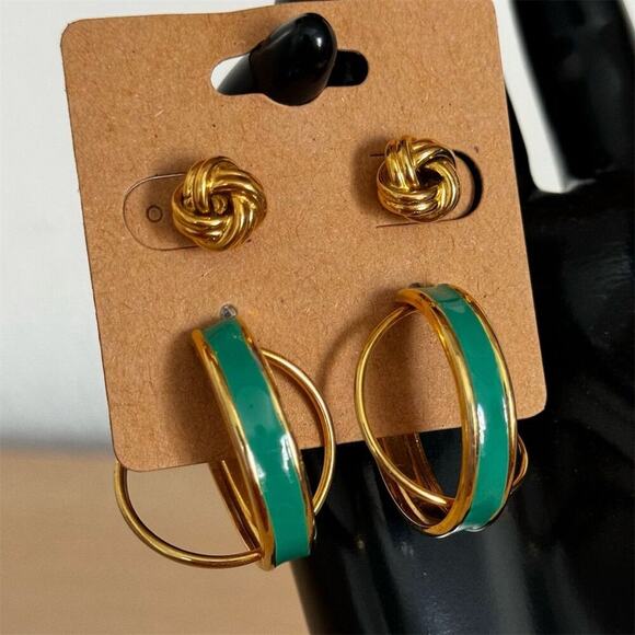 Vintage Gold & Green Hoop Knot Stud Earring Set of 2 Elegant Jewelry - Picture 1 of 7